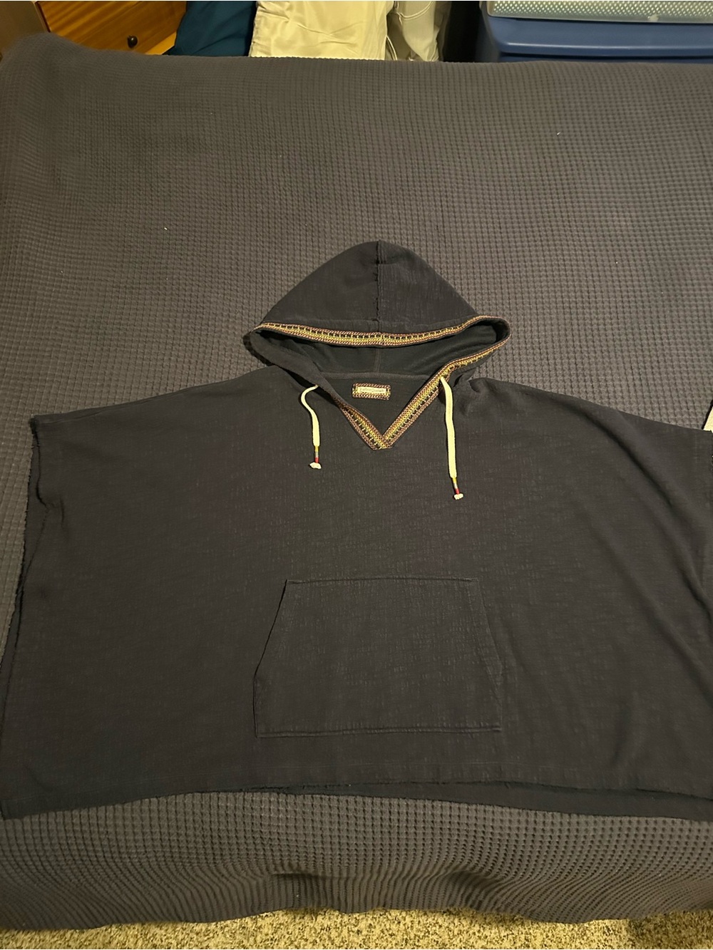 Woman’s Navy Blue Sweater Hooded PonchoPullover Shirt with Contrast Trim